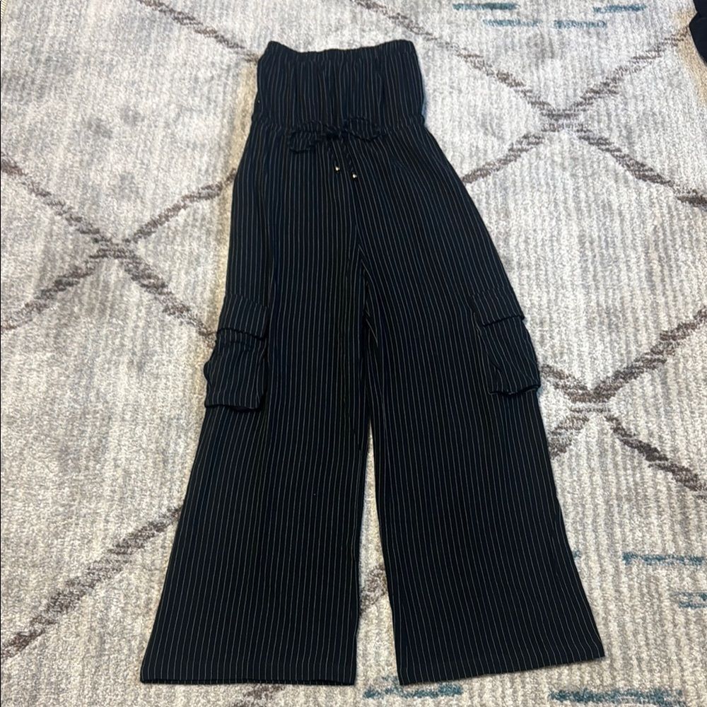 New Allie Rose Black and White Striped Linen Strapless Jumpsuit M